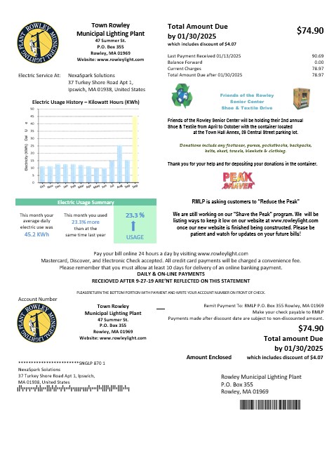 USA Massachusetts Town of Rowley Municipal Lighting Plant electricity business utility bill template in Word and PDF formats